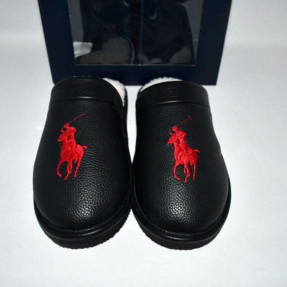 Polo Ralph Lauren Polo Irving Leather Logo Slippers in Black Size:10 #SML4726ARL main image 5